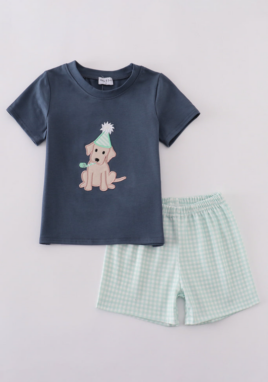 Boys Birthday Puppy Gingham Set