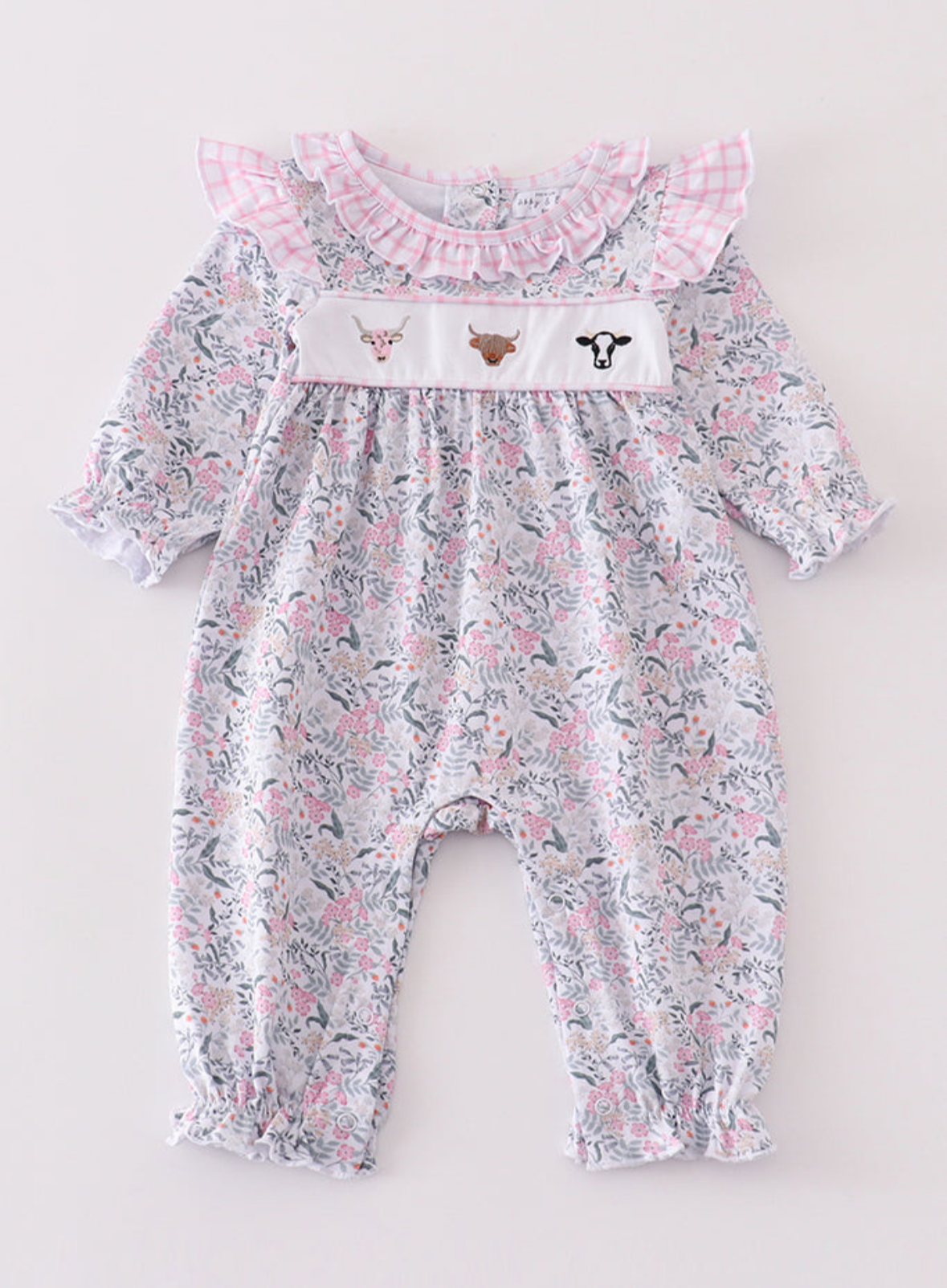 Floral Print Cow Embroidered Girls Romper