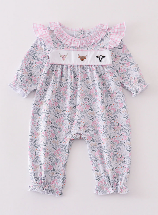 Floral Print Cow Embroidered Girls Romper