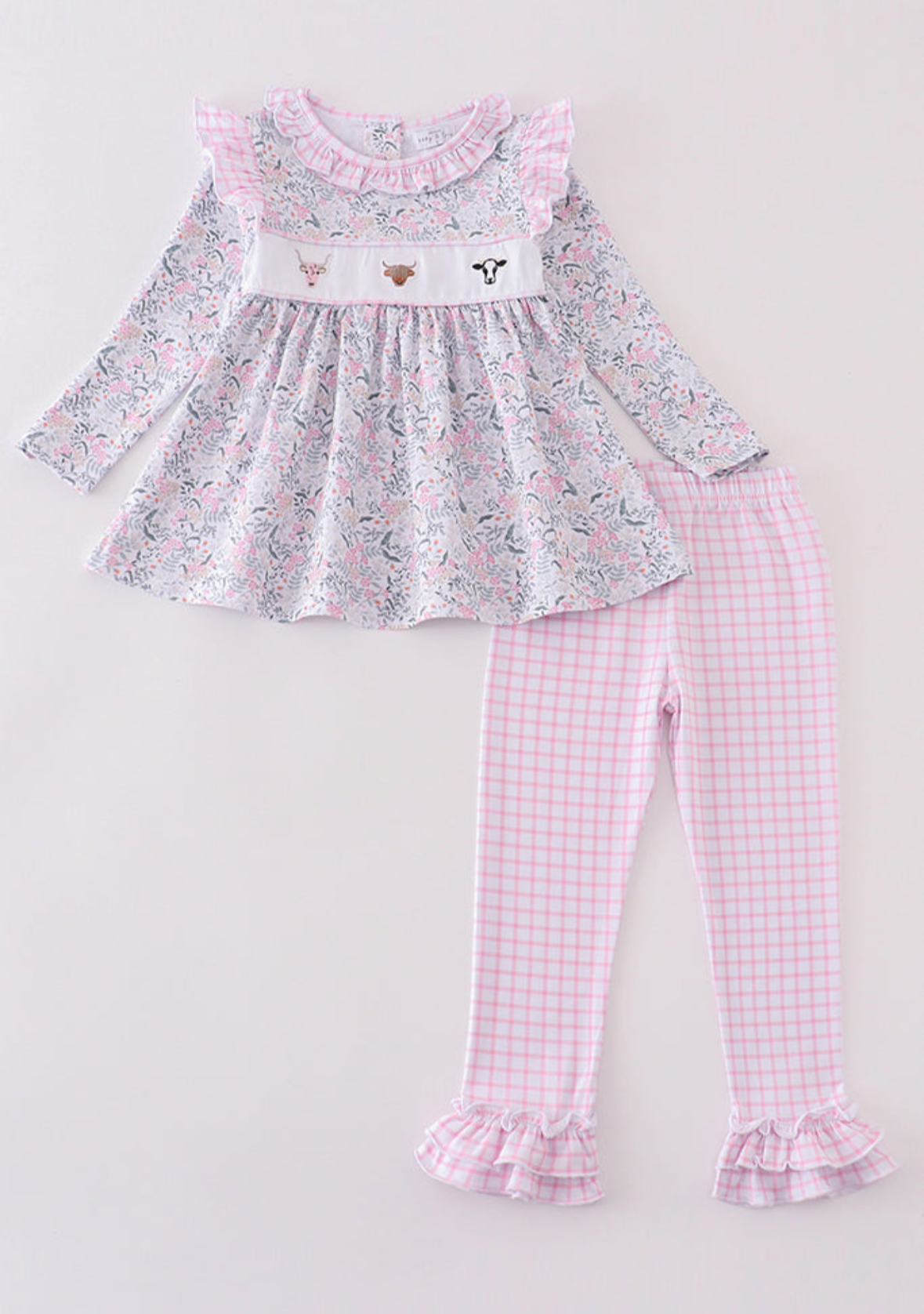 Floral Print Cow Embroidered Girls Set