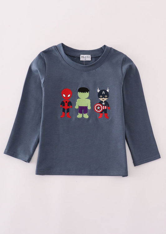 Boys Superhero Embroidered Long Sleeve Tee