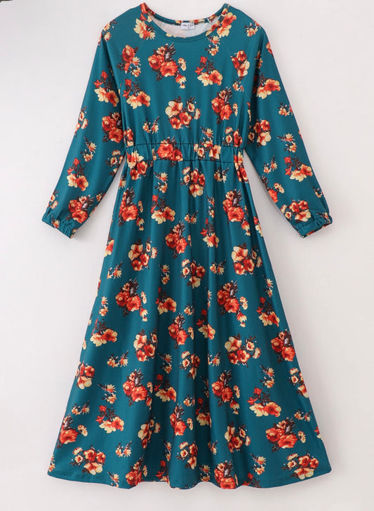 Adult Teal Floral Print Dress