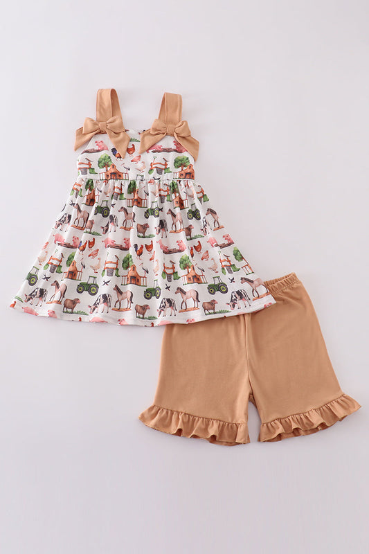 Farm Print Bow Girls Set