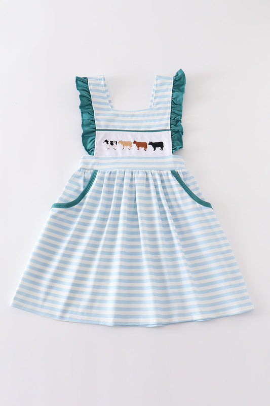 Cow Embroidered Girls Blue Stripe Dress