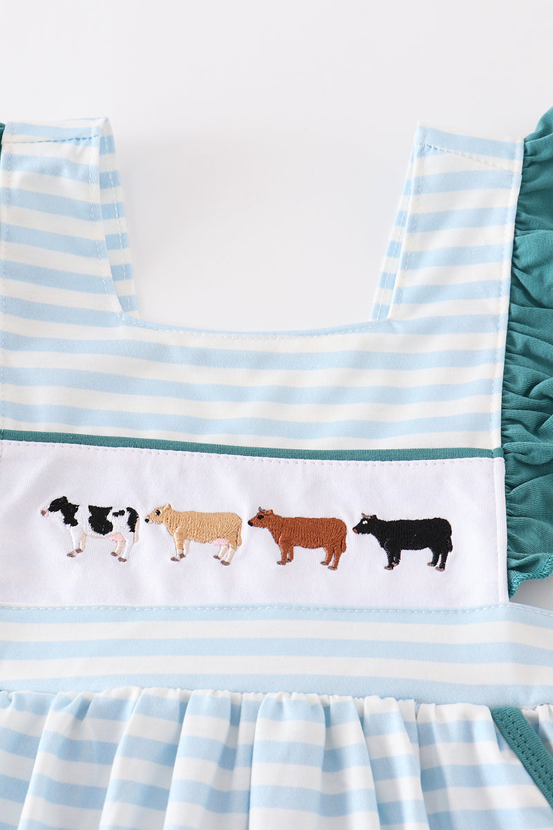 Cow Embroidered Girls Blue Stripe Dress