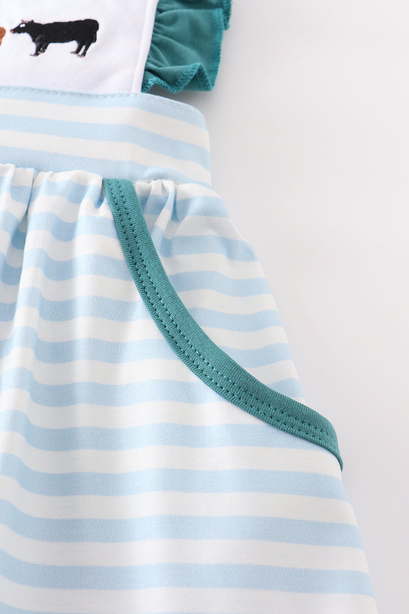 Cow Embroidered Girls Blue Stripe Dress