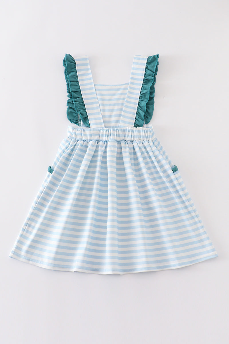 Cow Embroidered Girls Blue Stripe Dress