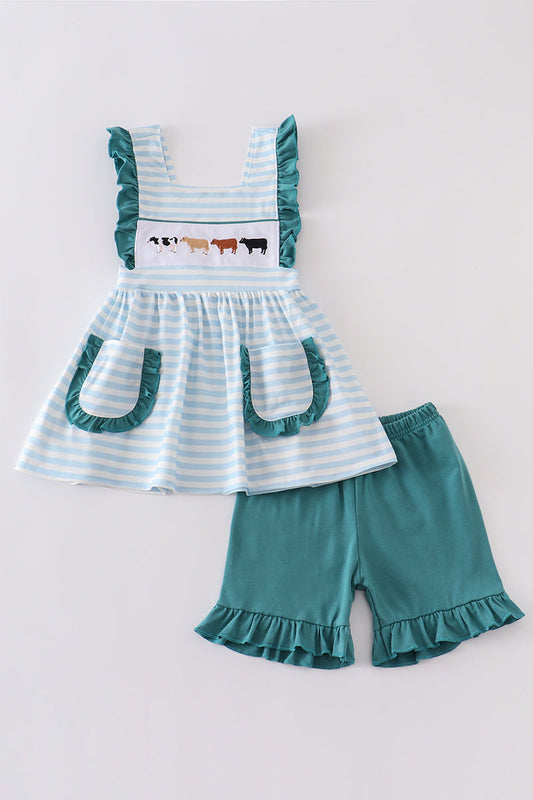 Cow Embroidered Girls Blue Stripe Set
