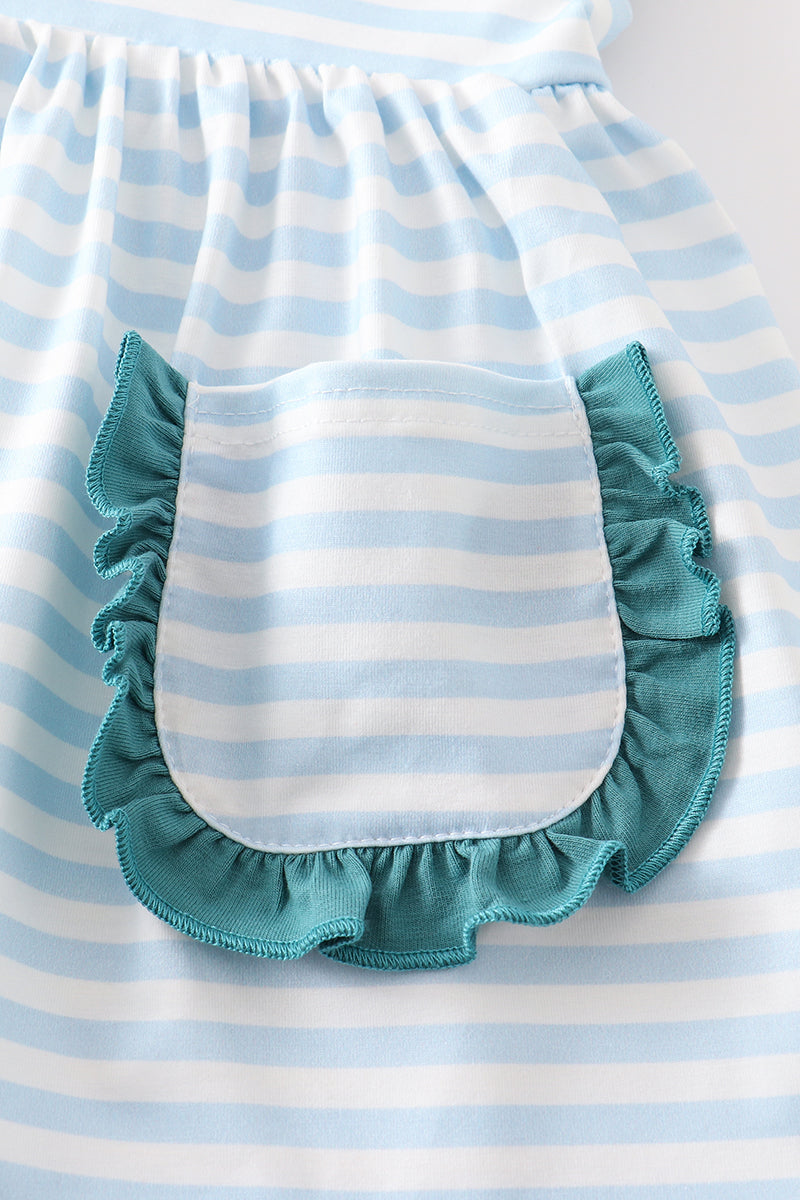 Cow Embroidered Girls Blue Stripe Set