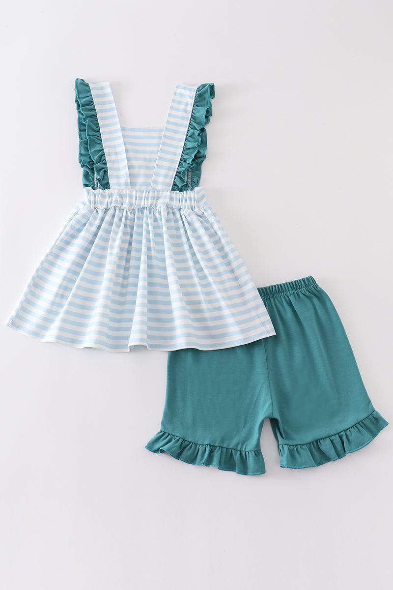 Cow Embroidered Girls Blue Stripe Set