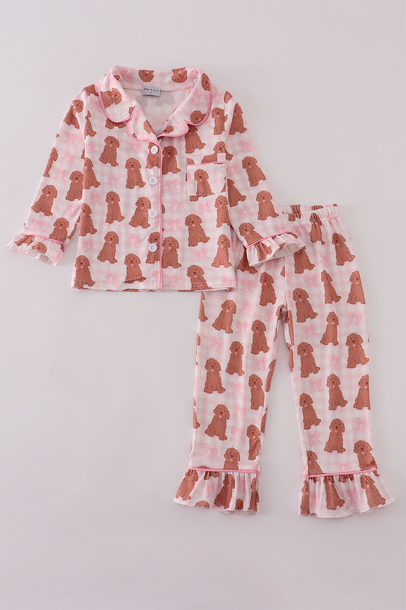 Pink Puppy Bow Print Girls Ruffle Pajama Set