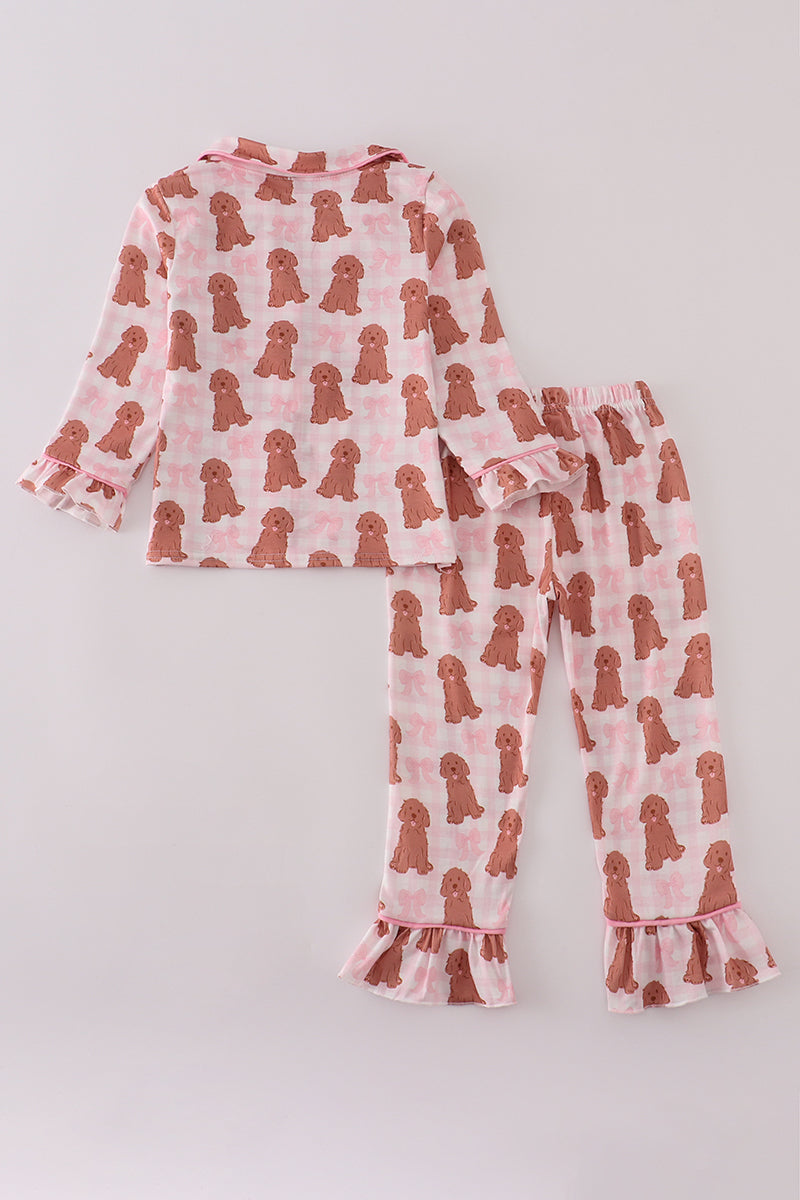 Pink Puppy Bow Print Girls Ruffle Pajama Set