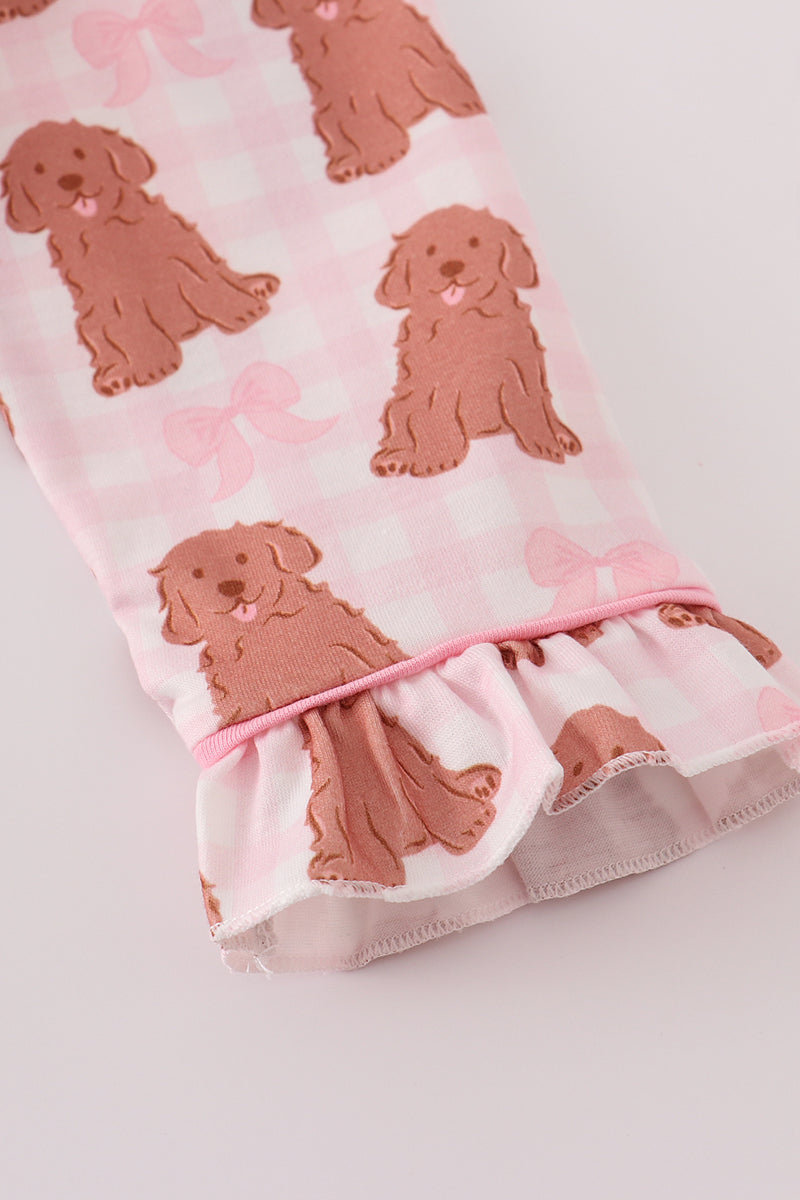 Pink Puppy Bow Print Girls Ruffle Pajama Set