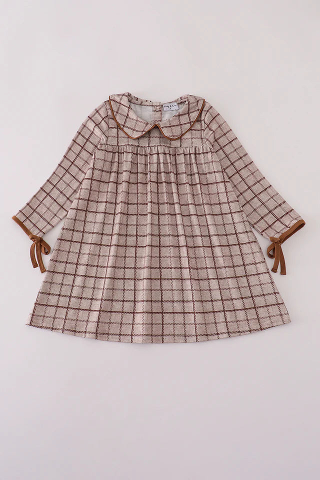 Girls Long Sleeve Brown Plaid Dress with Bows