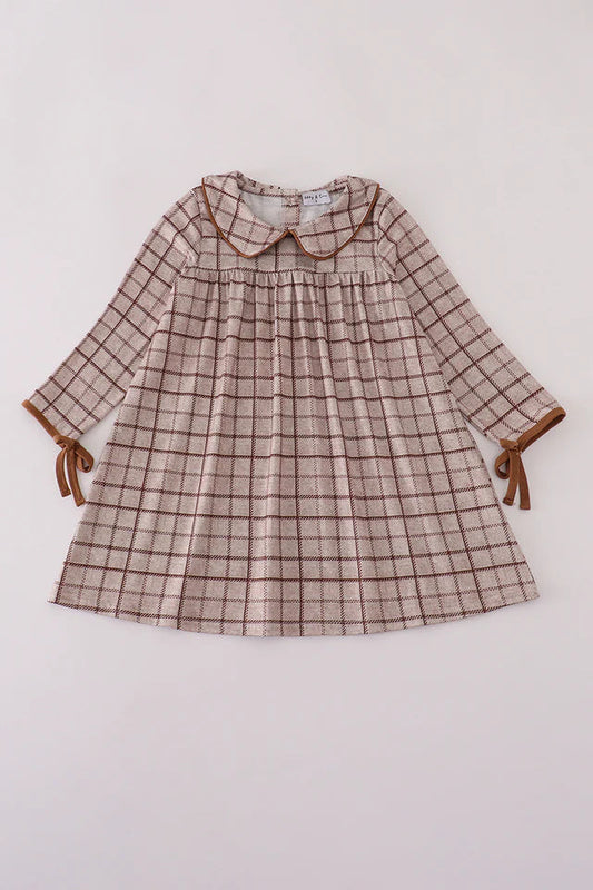 Girls Long Sleeve Brown Plaid Dress with Bows
